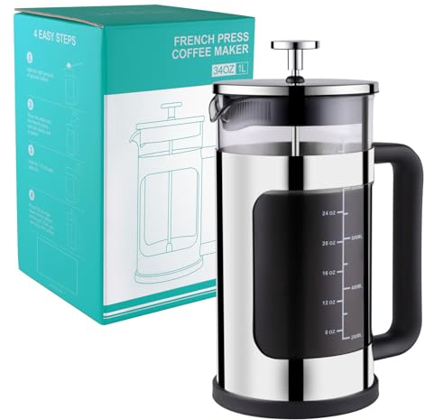 wedrink 1000ml/34oz Cafetiere French Press 8 Cups, Coffee Maker with Stainless Steel Filter, Double Protection Portable Coffee Pot with Heat Resistant Glass for Caming Travel