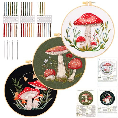 JSRQT 3 Stücke Pilz Stickerei Starter Kit für Erwachsene Anfänger,DIY Handgemachte Kreuzstich Set, Nadelspitzen-Stickset Embroidery Kit für Heimdekoration