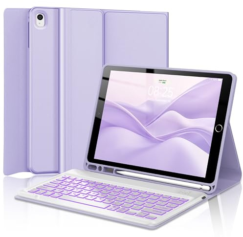 Custodia per tastiera per iPad 9a generazione 2021 da 10,2 pollici, custodia per tastiera Folio con portamatite, tastiera wireless staccabile con retroilluminazione a 7 colori per iPad 8a/7a