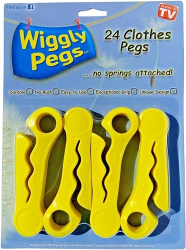 WigglyPegs Lot de 24 pinces à linge - Sans ressort - Prise en main facile - Résistantes à l'arthrite - Durable - Adhérence exceptionnelle - Empêche les vêtements de glisser sur la corde à linge -