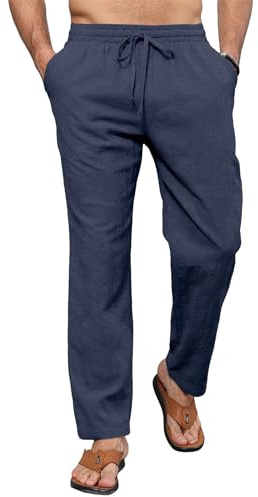 EDITCOZY Mens Linen Beach Pants Loose Fit Cotton Trousers Casual Summer Drawstrings Pants Navy XL