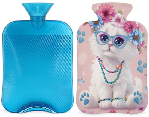 Wärmflasche mit niedlicher Katze, 2 l, große Kapazität, Wasserbeutel für gemütliche Nächte, Linderung von Schmerzen im Rücken, Nacken und Schultern