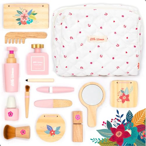 UMU Elegante juego de belleza de madera para niñas – Juego de maquillaje de 17 piezas con maquillaje, pincel, espejo y estuche de cosméticos, el mejor regalo para niñas de 3, 4, 5 años en adelante