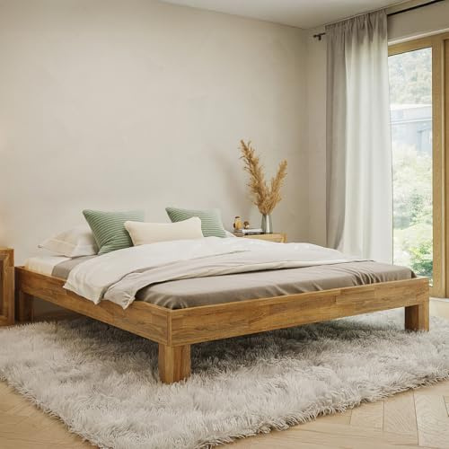 skølm Floki Massivholzbett Eiche 180x200 cm, Bettrahmen Holz, Natur geölt | hochwertiges Bettgestell, stabiler Bettrahmen, massives Holzbett, Bett geeignet als Doppelbett, Futonbett für Schlafzimmer