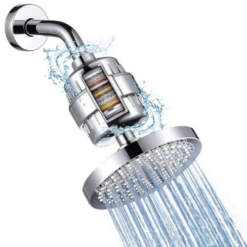 Iopsk Pomme de douche filtrée avec filtre de douche adoucissant 23 étapes pour eau dure, pommeau de douche puissant haute pression (rond de 15,2 cm, chrome poli)