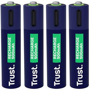 Trust Pilas Recargables AAA USB-C 4 Piezas, Puerto USB-C Integrado, No Necesita Cargador de Batería, Capacidad 500 mAh, Carga con Cable USB Incluido/Cargador de Teléfono, Paquete de 4
