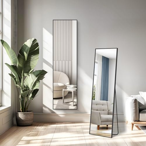 WOLIBEER Specchio a Figura Intera 150 x 40 cm, Grande Specchio da Terra Rettangolare in Alluminio Nero per Camera da Letto Cameretta Soggiorno Spogliatoio
