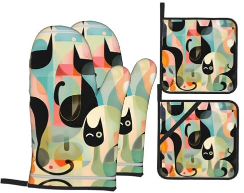 Mittelalterliche Kunst Katzen Küche Backset Ofenhandschuhe Hitzebeständig Wasserdicht Polyester Stoff Outdoor Grillhandschuhe Grillmatten 4-teiliges Set