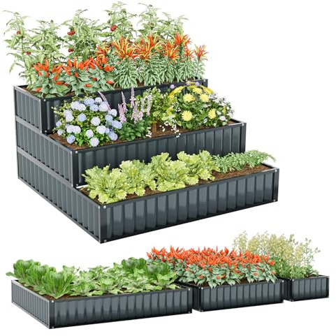 COSTWAY 3-stufiges Hochbeet Metall, Gartenbeet mit offener Basis, stapelbar & DIY, Stufenbeet Blumentreppe, Blumenkasten Garten, Pflanztreppe für Gemüse Obst Blumen Kräuter, 118x118x61 cm, Schwarz