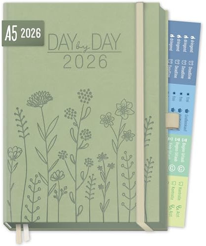 Häfft® Organizer Day by Day Deluxe 2026 A5 Tagesplaner Kalender mit 1 Tag pro Seite Fine Flowers salbei Buchkalender 2026, Terminplaner - nachhaltig & klimafreundlich