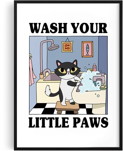Tassenliebling® - Deko Badezimmer Bilder - Wash your Little Paws - Poster A4 (21x30) und A3 mit oder ohne Rahmen - Deko Bad - Gäste WC Toilette Kunstdruck