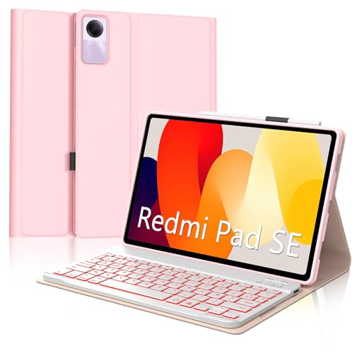 IVEOPPE Clavier Xiaomi Redmi Pad SE 11, Clavier éclairage 7 Couleurs, Clavier AZERTY sans Fil Bluetooth Amovible pour Redmi Pad SE 11 Pouces 2023, Rose