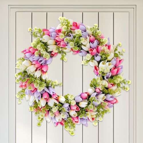 JOYWU Tulip Spring Wreath for Front Door,50cm Artificial Spring Summer Floral Wreaths with Colorful Tulips,Eucalyptus Leaves and Green Base,Multicolored Tulip Wreath,Summer Flower Wreaths,1 Pcs (C)