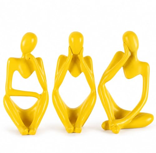 Yellow Thinker Statue Decor für TV-Ständer, Regal, Schreibtisch oder Couchtisch – Set mit 3 Harzfiguren für Wohnzimmer, dekorative Objekte, moderne Skulptur, minimalistische Bücherregal-Dekoration