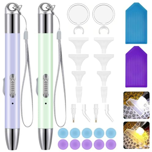 CoKeeSun 2Pcs LED Diamond Art Pen, USB Rechargeable Diamond Art Tool with 2 Light Modes, Diamond Painting Pen with 12pcs Replacement Pen Tip, 2pcs Protective Pad, 10pcs Clay, for DIY Crafts Gem Nail