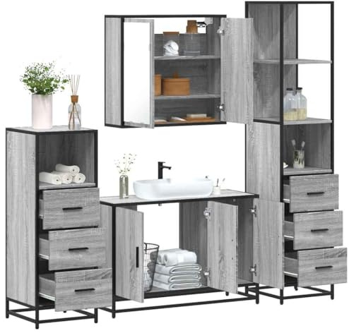 LLEZKBR Möbel-Sets, Badezimmermöbel-Set, 4-teilig, Grau, Sonoma, Holzwerkstoff