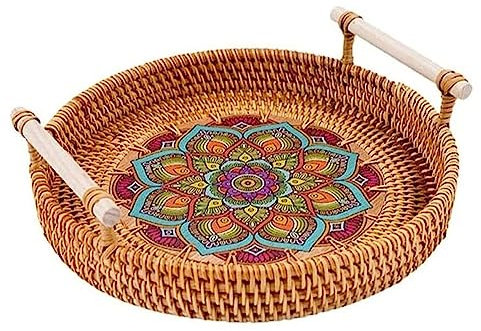 Frutero de ratán tejido a mano – Cesta de mimbre redonda grande para servir pan, pasteles, ensaladas y almacenamiento de alimentos – Elegante plato de comedor y pieza decorativa