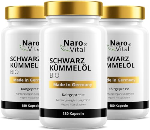 3er Pack Bio Schwarzkümmelöl Kapseln kaltgepresst & naturbelassen - 180 vegane Flüssigkapseln - 1000mg ägyptisches pro Tagesdosis - davon 50% Linolsäure - Hochdosiert - Nigella sativa - Black seed oil