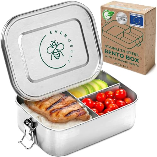Bento-Box – Lunchbox aus Edelstahl – 1,2 l – 3 Fächer | Everusely 1,2-Liter-Stahlbox: Auslaufsicheres Äußeres mit schweißnahtfreien Fächern. Kunststofffrei!