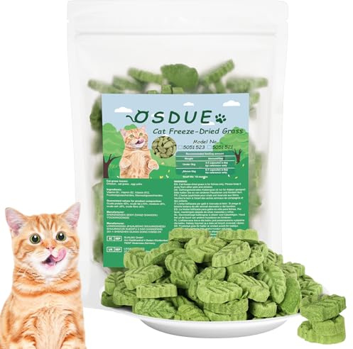 OSDUE Golosina de Hierba Gatera para Gatos, 50g Forma La Hoja Snack Liofilizado con Hierba Gatera para Limpiar los Dientes, Palillo masticable de Hierba para Gatos Favorecer Digestión y Absorción