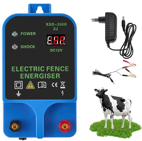 12V Weidezaungerät mit LED Anzeige, 2Joule 12kV Wasserdicht Elektrischer Weidezaun für 10 KM Reichweite, Ladegerät für Elektrozaun für Rinder, Schafe, Geflügel, Vieh, Steuergerät zum Schutz von Gärten