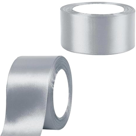 2 Rollen Satinband 50mm x 22m Geschenkband Breit Dick Schleifenband Satinbänder Dekoband für Hochzeit, Taufe und Geburtstag Geschenke, Silber