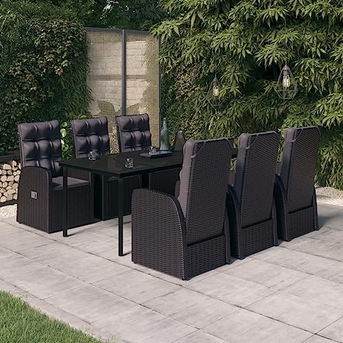 7-TLG. Gruppo da giardino in rattan PE nero verniciato a polvere, con sedie e cuscini regolabili, per terrazza, balcone e giardino, 200 x 100 x 74 cm