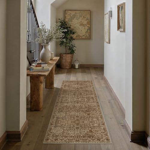HUGEAR 2x6 Runner Rug Hallway Brick Red Machine Washable Vintage Floral Low Pile Carpet Vacuumable Distressed Long Throw Rug Bedroom Office Bathroom Kitchen Laundry Non Slip Soft Lightweight