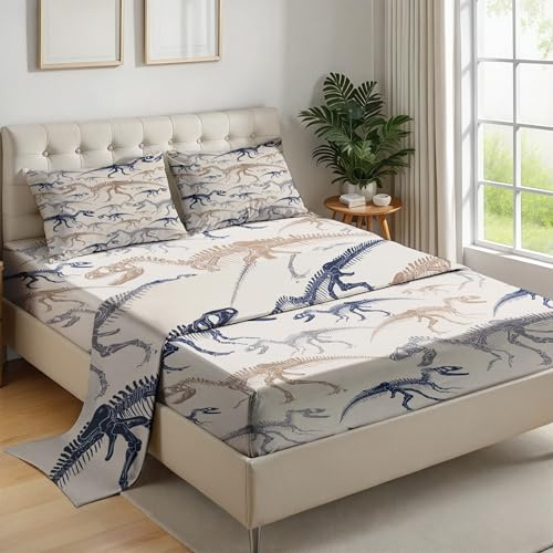 Dinosaur Sheets Queen Size, Dino Fossil Skeleton Fitted Sheet Queen Deep Pocket, Jurassic Animal Bed Sheet Set, Prehistoric Dinosaur Microfiber Sheets Bedding Set with 2 Pillowcase, Soft Comfy