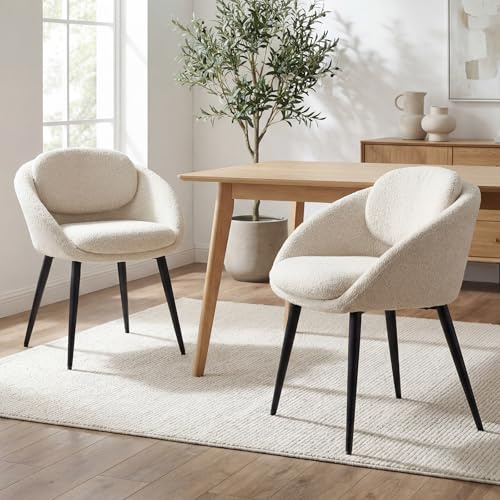 DAYALANE Moderne Esszimmerstühle 2er Set Rund Polsterstuhl mit Armlehne Chenille Küchenstühle mit Doppellagige Rückenlehne für Esszimmer Schlafzimmer und Wohnzimmer, Beige