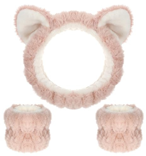 JJUNW 3 Stück Haarband Schminken, Abschmink Haarband Waschen Stirnband | Plüsch Katzenohren Haarreif Elastische Make up Stirnband mit Handgelenk Für Mädchen Damen Hautpflege Kosmetik Dusche