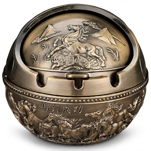 Ashtray Funny, Funny Odorproof Ashtray with Rotating Lid Small Bronze Alloy Spherical Decor, Success