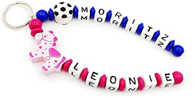 Schlüsselanhänger/Anhänger/Taschenanhänger/Taschenbaumler mit Namen - Fußball/Pferd in dunkelblau/pink