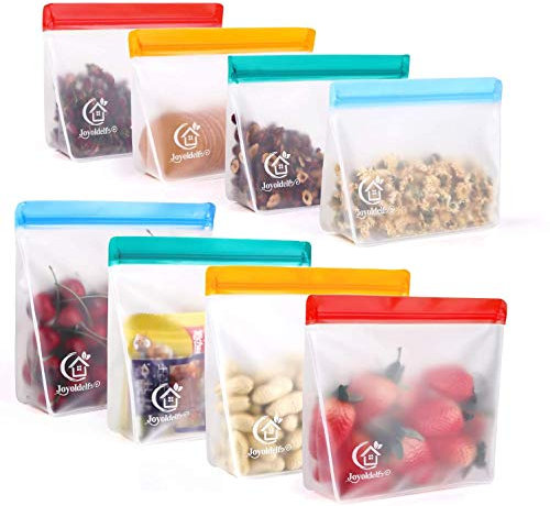 Joyoldelf Zip Lebensmittel Beutel mit Stehendes Boden-Design, Wiederverwendbare Obst- und gemüsebeutel PEVA Aufbewahrungsbeutel Sandwichbeutel Küche Beutel für Gemüse Milch Snacks Fleisch, 8 Stück