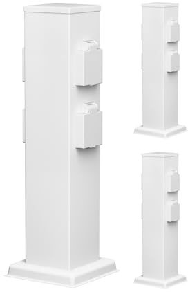 ledscom.de 3 Tomas de jardín Columna Polly para Exterior, IP44, 4 vías, Acero Inoxidable, Blanco, Cuadrada, 40 cm