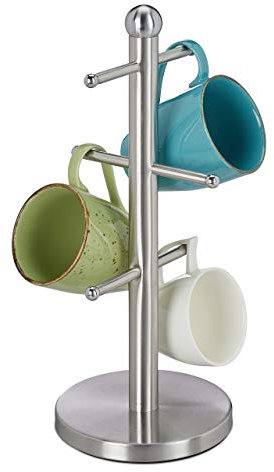 Relaxdays Tassenhalter, mit 6 Stangen, zum Hinstellen, Edelstahl, für Kaffeebecher, Küche, runder Tassenbaum, silber