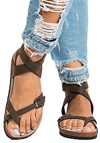 ORANDESIGNE Femmes Sandales Plates Sandales Romaines Boucle Tongs Bascule Chaussures été Décontractées Rétro Mode élégant Hippie Romaine Plates A Marron 39 EU