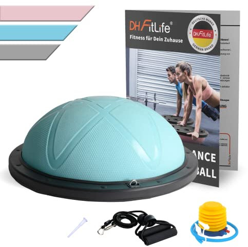 DH FitLife Balance Ball, Yoga Gleichgewichtstrainer Φ60*22cm bis 200 KG belastbar, halber Gymnastikball Fitness Balance Board, Balance-Board mit Pumpe und 2 Fitnessbändern, Blau