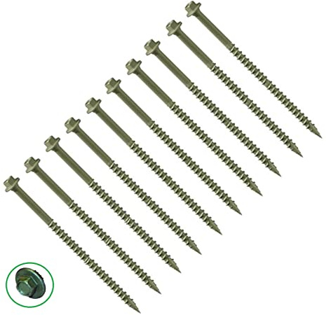 TERF® Tornillos de cabeza hexagonal de 7.0x90 mm, con brida hexagonal, acabado verde, tornillos anticorrosión, 7.0x90 mm, para exteriores, construcción de marco de madera, paquete de 10