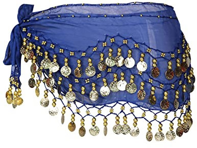 Damen Bauchtanz Gürtel, Bauchtanz Kostüm Hüfttuch Rock, Bauchtanzgürtel Münzgürtel Tanztuch mit 98 Münzen, Orientalischer Tanz Hüftschal, Chiffon, 1 Stück (Blau)