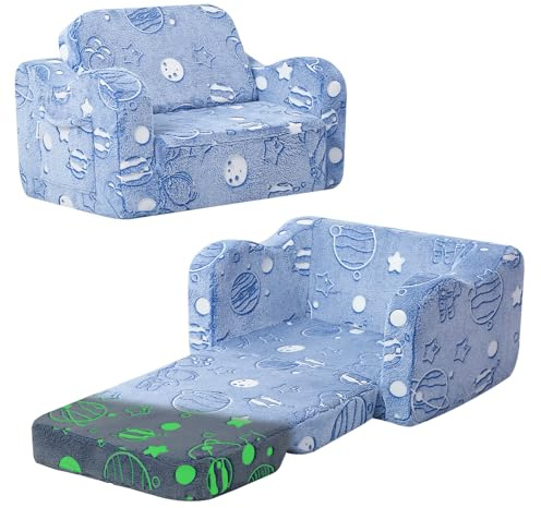 MeMoreCool Glowing Astronaut Planet Kids Chair, 2-in-1 Glow-in-the-Dark Space Kids Couch Fold Out to Lounger, Comfy Foam Sofa for Boys Ages 1-3, Convertible Recliner with Washable Cover