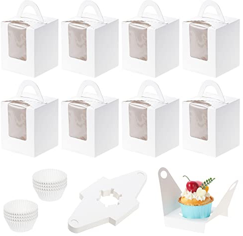 Coolty 50 Stück Cupcake Boxen 1 Löcher Karton Verpackung Boxen Bäckerei Gebäck Boxen mit 100 Stück Cupcake Förmchen für Cookies Muffins Cupcakes Desserts Torten (Weiß)