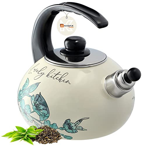 KADAX Hervidor de Agua 2.2L, Tetera de Acero Esmaltado con Silbato para Cocina de Gas y Inducción, Ideal para Té, Café y Bebidas Calientes (Flores verdes)