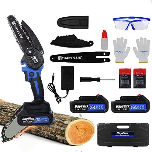 Brushless Electric Chainsaw Saw Cutter Tree Wood Branches Power Equipment with 2PCS Li-Ion Battery&2 Chain, 2200W, 6 Inch Guide Plate Length