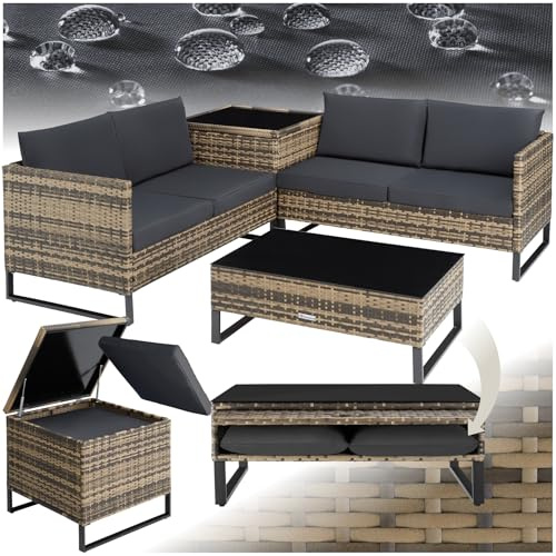 tectake® Poly Rattan Lounge Sitzgruppe, Gartenmöbel Set mit Sofa, Tisch mit Glasplatte, Auflagenbox, Outdoor Kissen wetterfest, Möbel für Garten, Balkon, Terrasse oder Wintergarten - Natur