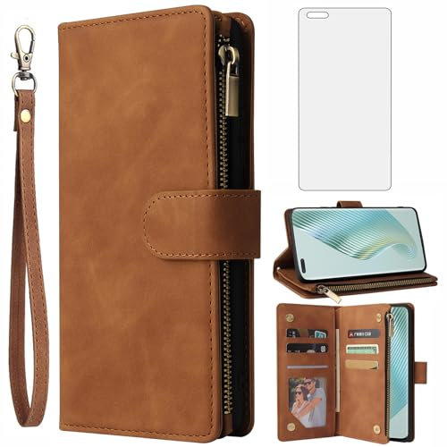 Asuwish Handyhülle für Honor Magic 5 Pro Hülle mit Folie Schutzfolie und Kartenfach Klappbar Leder Geldbörse Ständer Huawei Magic5 5Pro 5G Reißverschluss Handy Hüllen Schutzhülle Phone Case Braun
