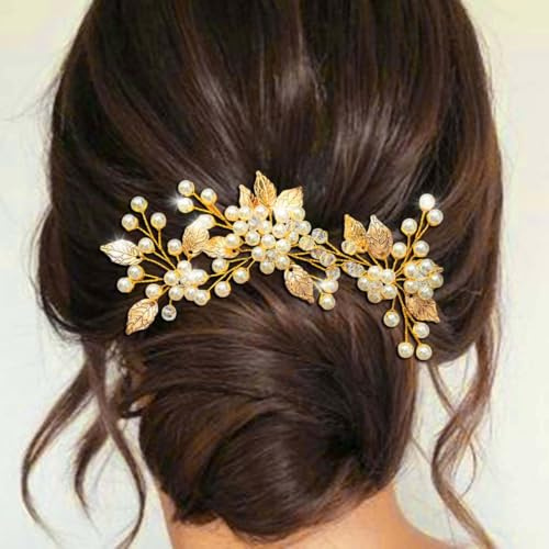 Ushiny Pearl Bride Hochzeit Haarnadeln Haarspangen Blatt Kopfschmuck Braut Haarschmuck für Frauen und Mädchen (Gold)