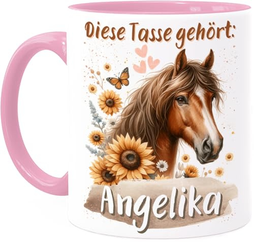 Tassenliebling® Tasse Pferd personalisiert - Kindertasse mit Namen für Mädchen - Rosa - Pferdemädchen - Weihnachtstasse - Personalisierte Geschenke Kinder - Kinderbecher aus Keramik 330ml