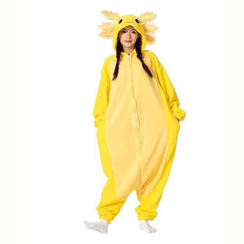 LANFAN Vuxen Axolotl Onesie pyjamas, unisex djurkostym, cosplay halloween jumpsuit nattkläder för kvinnor män, gUL, L