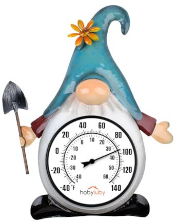 HOBYLUBY 35,6 cm Außenthermometer für Terrasse, Gartenzwerg, Wandthermometer, keine Batterie nötig, dekoratives Außenthermometer für Zuhause, Hinterhof, Garten